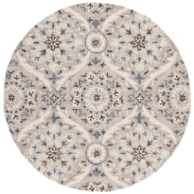 Bungalow Rose Damask Hand Tufted Wool/Cotton Area Rug in White/Blue